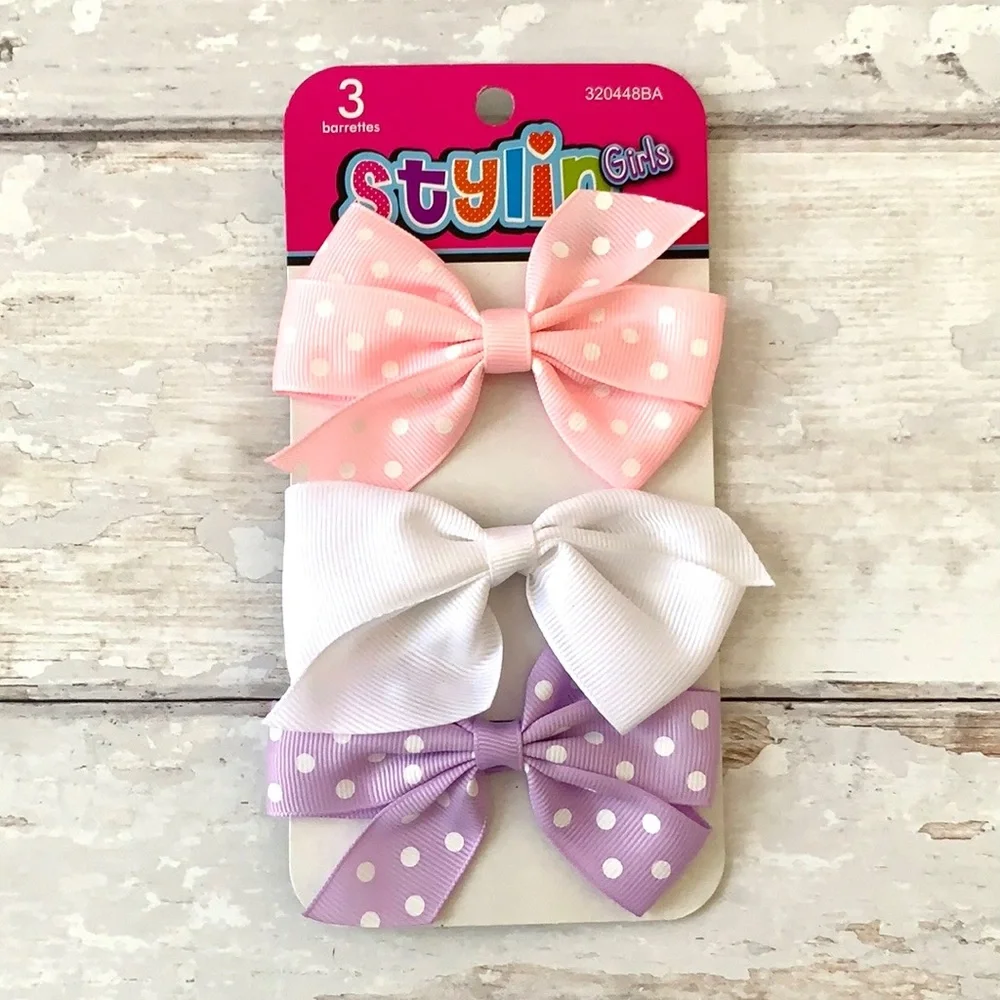 Girls Bows Hair Clips Pink Purple White 3 Pack Kids NEW